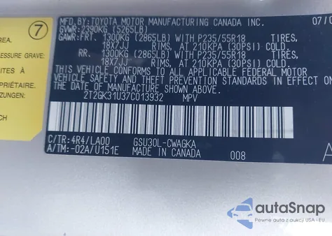 2007 Lexus Rx 350 from USA, damaged, VIN 2T2GK31U37C013932